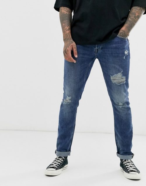 Only & Sons slim fit distressed jeans in mid blue wash