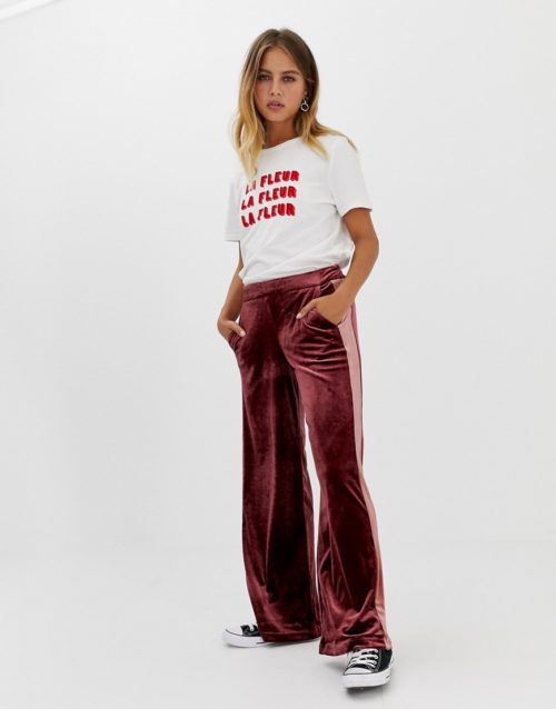 Only wide leg sports stripe velvet trouser-Red