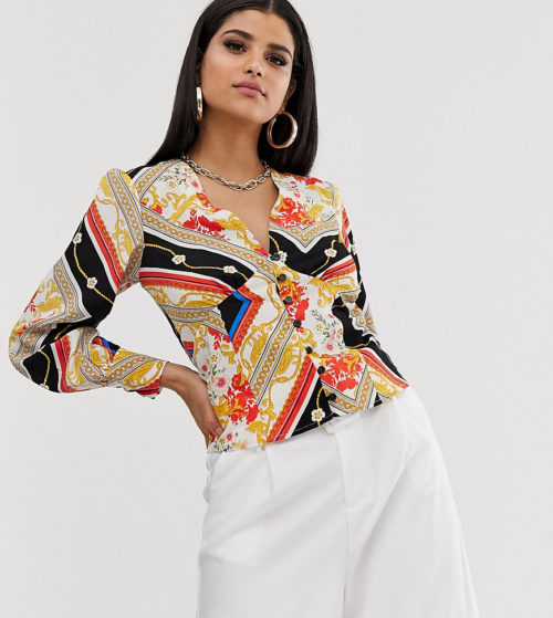 Outrageous Fortune Tall button through blouse in scarf print-Multi