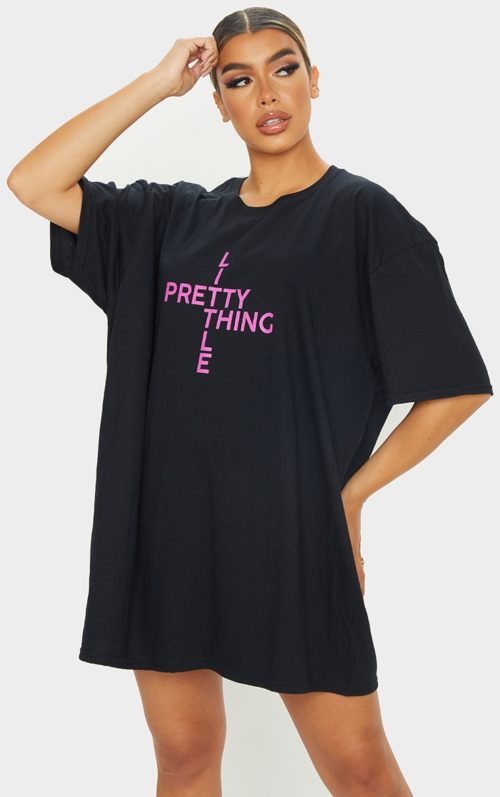 PRETTYLITTLETHING Black Slogan Oversized T Shirt Dress, Black