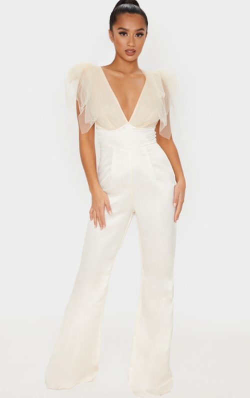 Petite Champagne Tulle Detail Satin Jumpsuit, Champagne