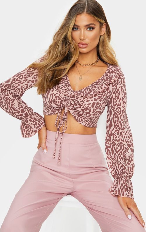 Pink Leopard Print Ruched Front Blouse, Pink