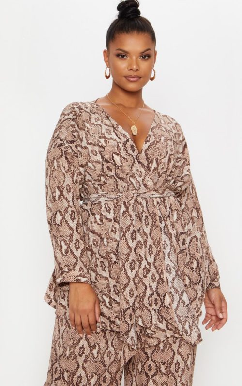 Plus Taupe Snake Print Woven Tie Waist Blouse, Taupe
