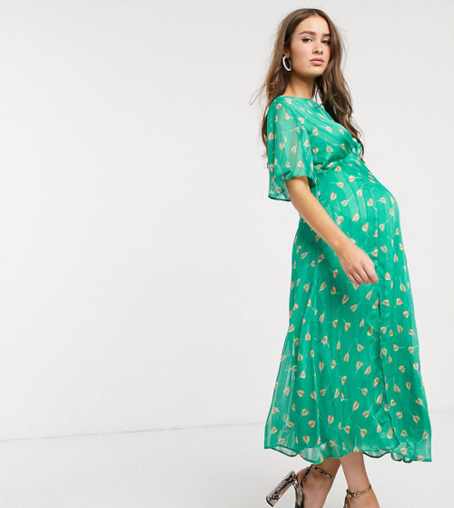 Queen Bee Maternity flutter sleeve midi dress in green tulip print-Multi