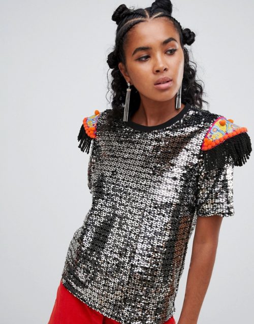 Ragyard t-shirt in sequin with beaded patches-Silver