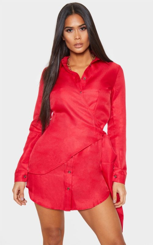 Red Tortoise Button Wrap Tie Shirt Dress, Red