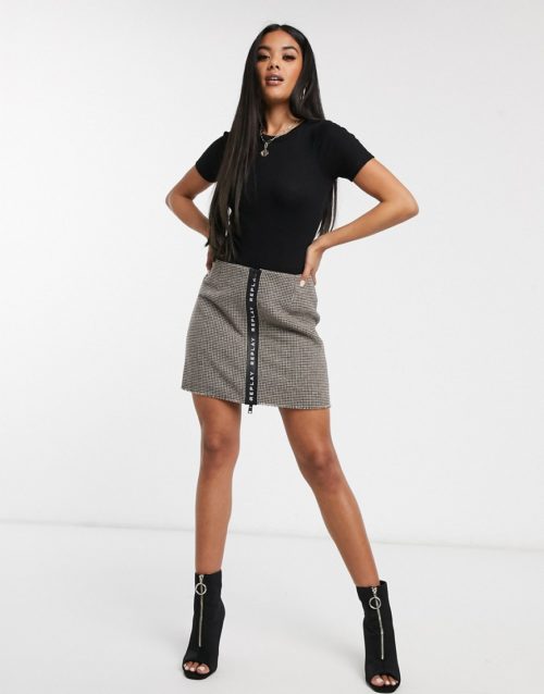 Replay check wool mini skirt with logo print zipper in the front-Brown