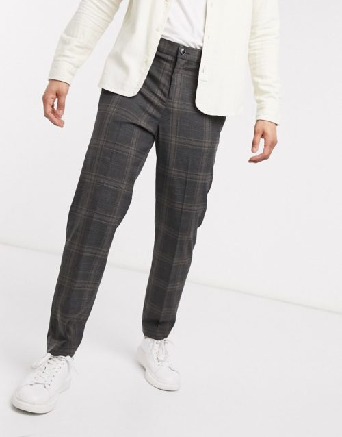 Selected Homme slim tapered elastic waist smart check trousers in grey