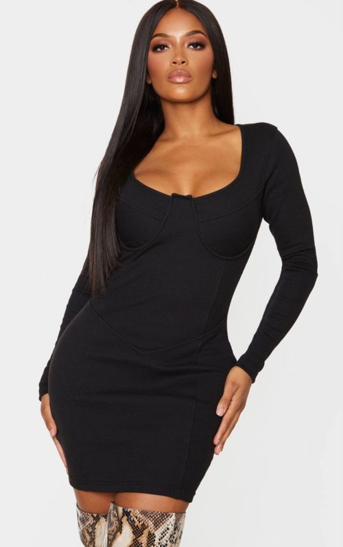 Shape Black Ribbed Cup Detail Panelled Bodycon Dress, Black