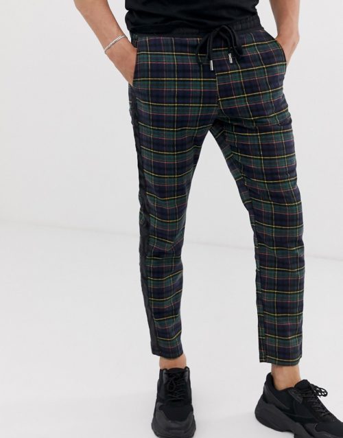 Sixth June tapered trousers in tartan with side stripe-Black