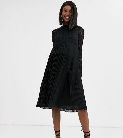TFNC Maternity Bridesmaid high neck long sleeve pleated midi dress with lace inserts in black