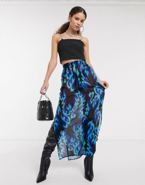 Tara Khorzad maxi skirt with thigh splits in neon flame print-Black