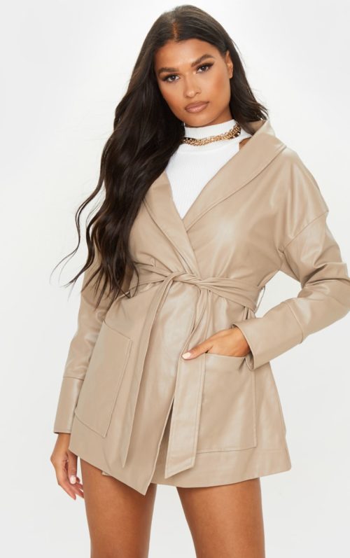 Taupe PU Longline Belted Jacket, Taupe