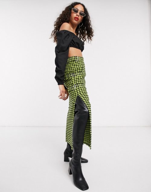 The Ragged Priest midi skirt with chain in check-Green