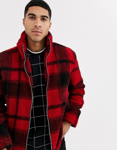 Topman borg jacket in red check