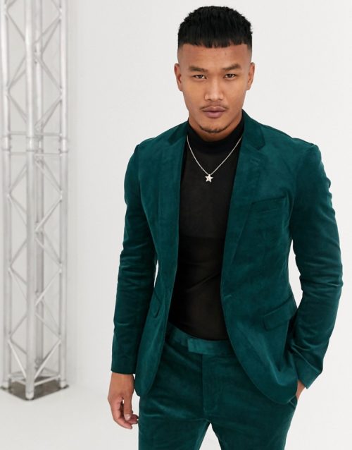 Topman skinny suit jacket in green cord