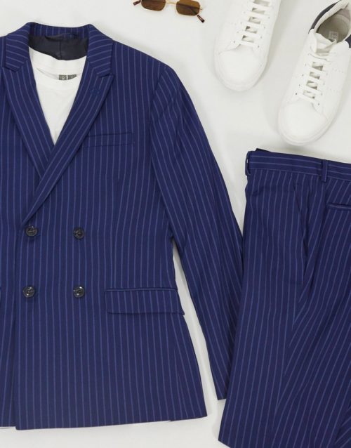 Topman super skinny fit pinstripe suit jacket in blue