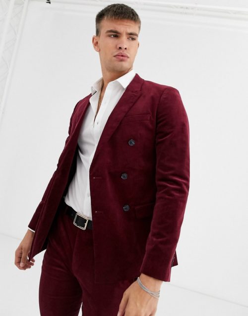 Topman super skinny suit jacket in burgundy cord-Red