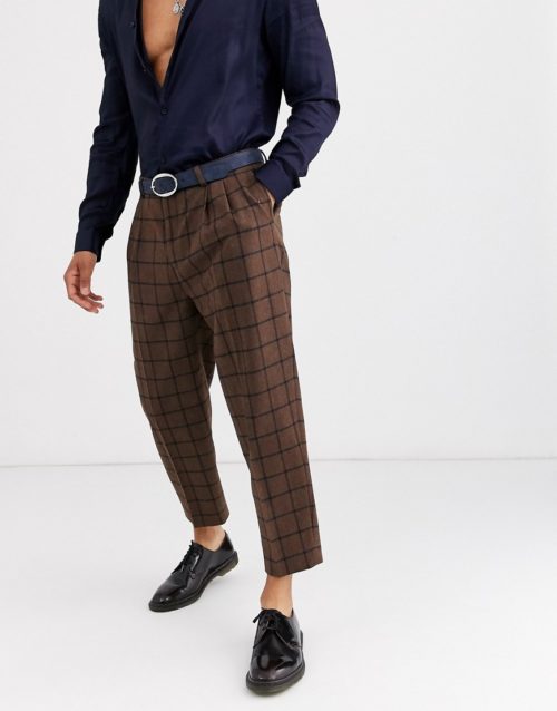 Twisted Tailor wide leg tapered trousers in brown check