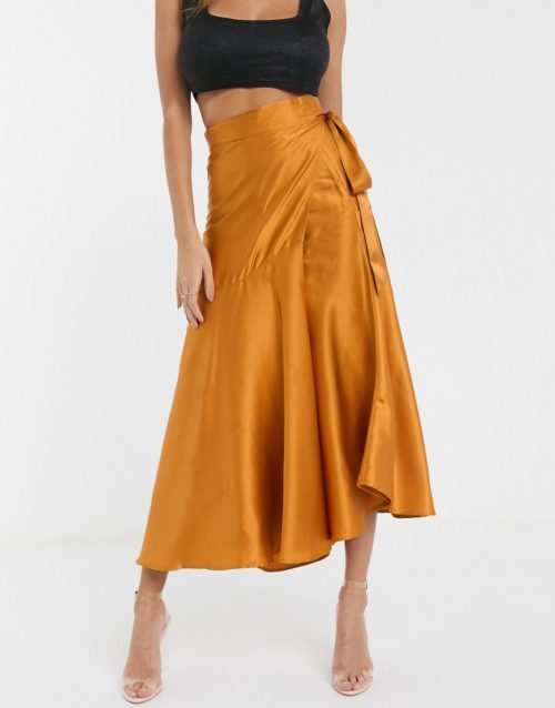 Unique 21 ruffle satin wrap skirt in rust-Brown