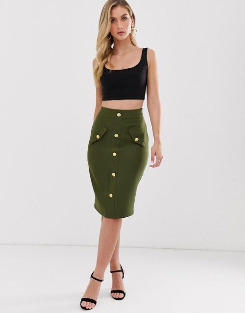 Unique21 tailored pencil skirt with gold button detail-Green