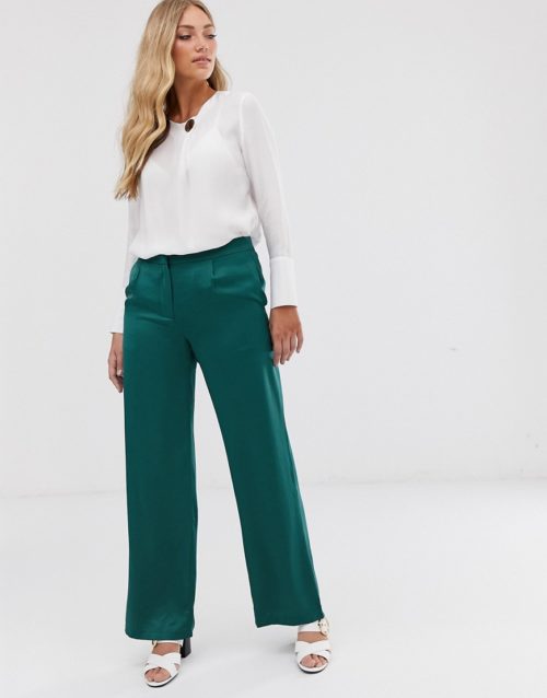 Vila satin wide leg suit trousers-Green