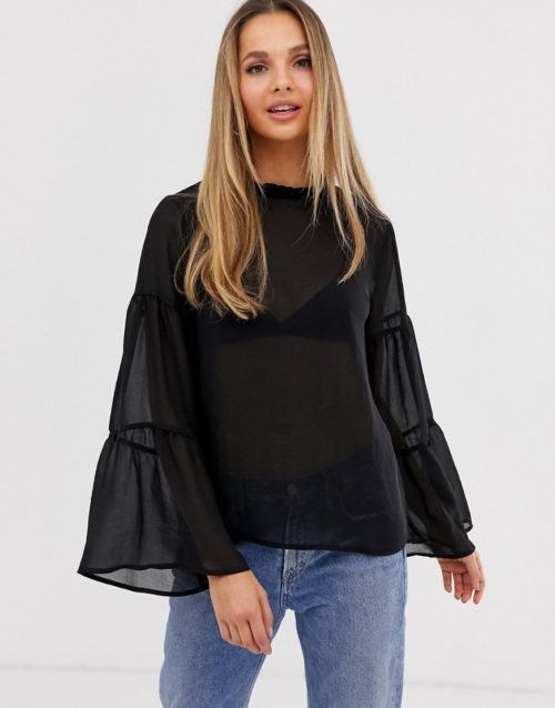 Vila sheer tiered sleeve blouse-Black