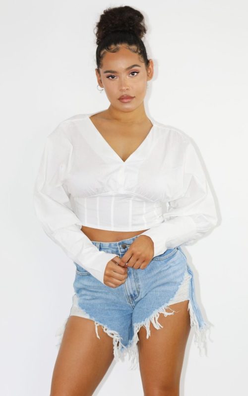 White Woven Plunge Structured Waist Blouse, White