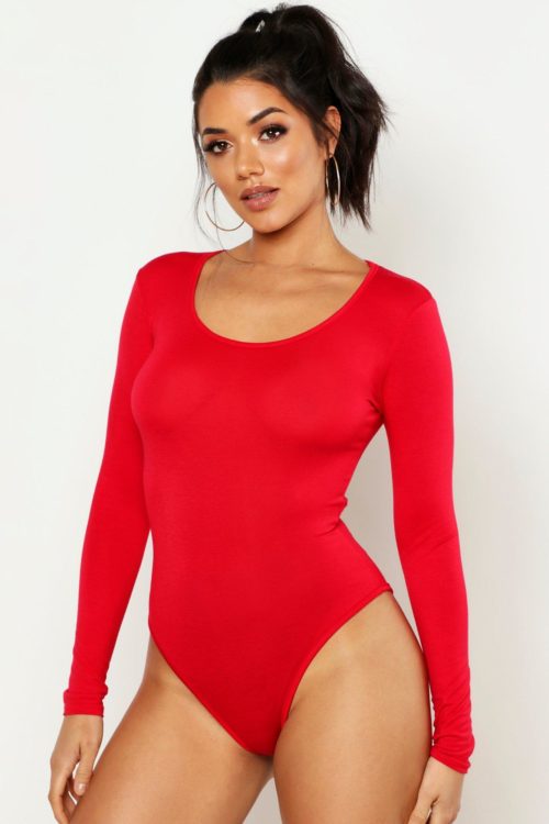 Womens Basic Scoop Neck Long Sleeve Bodysuit - Red - 6, Red