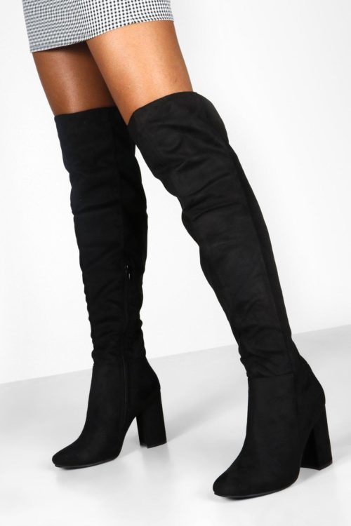 Womens Block Heel Over The Knee Boots - Black - 6, Black