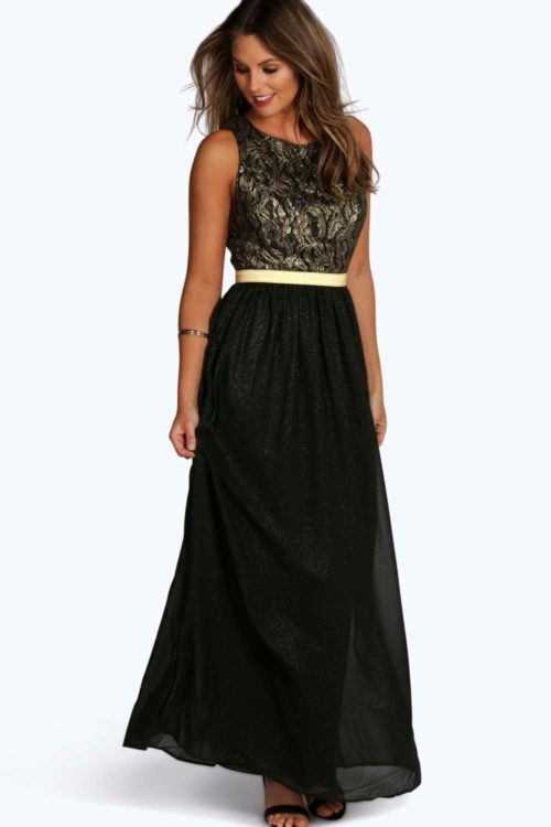 Womens Boutique Lace & Metallic Maxi Dress - Black - 10, Black