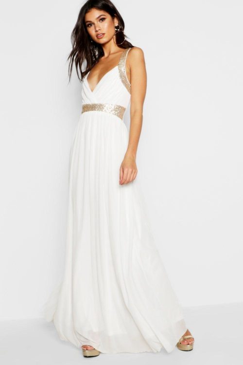 Womens Boutique Sequin Panel Maxi Bridesmaid Dress - White - 6, White