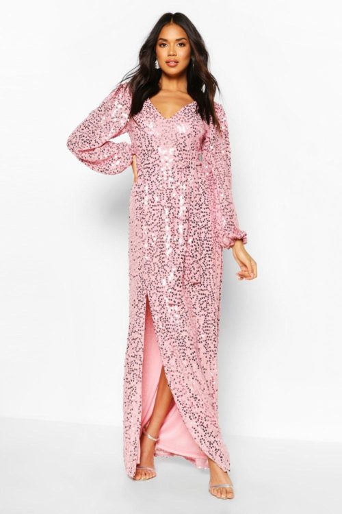 Womens Bridesmaid Occasion Sequin Plunge Maxi Dress - Pink - 6, Pink