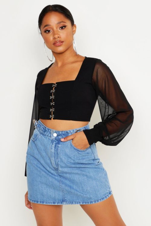 Womens Hook And Eye Cropped Peasant Top - Black - 16, Black