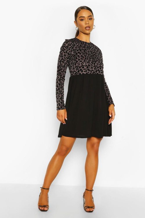 Womens Long Sleeve Leopard Ribbed Smock Dress - Black - 8, Black