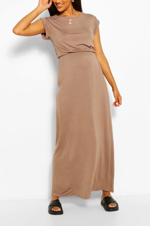 Womens Maternity Cap Sleeve Shirred Waist Maxi Dress - Beige - 8, Beige