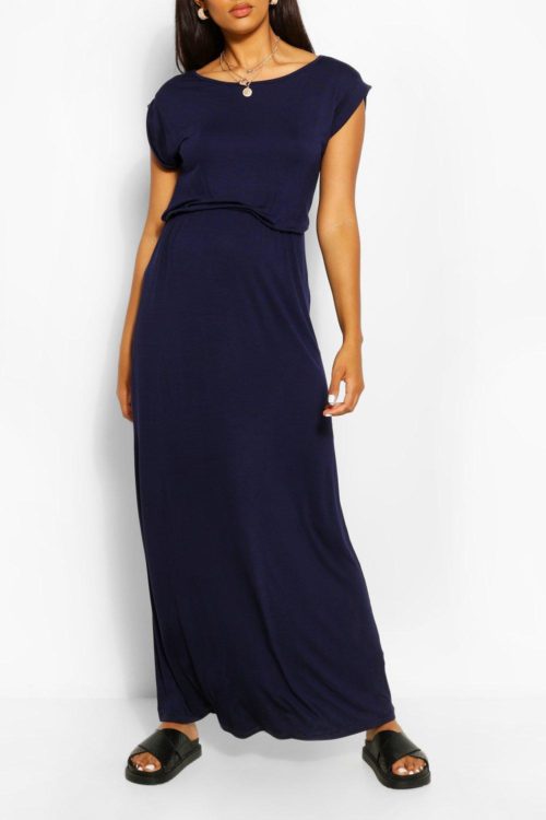 Womens Maternity Cap Sleeve Shirred Waist Maxi Dress - Navy - 8, Navy