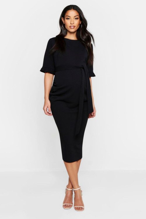 Womens Maternity Ruffle Midi Bodycon Dress - Black - 8, Black