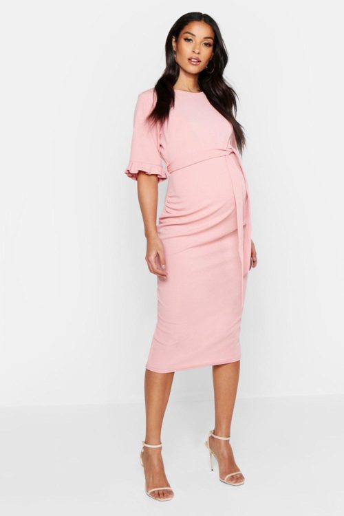 Womens Maternity Ruffle Midi Bodycon Dress - Pink - 10, Pink