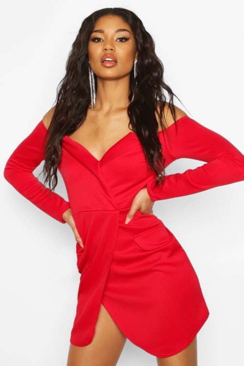 Womens Off The Shoulder Blazer Bodycon Dress - Red - 6, Red