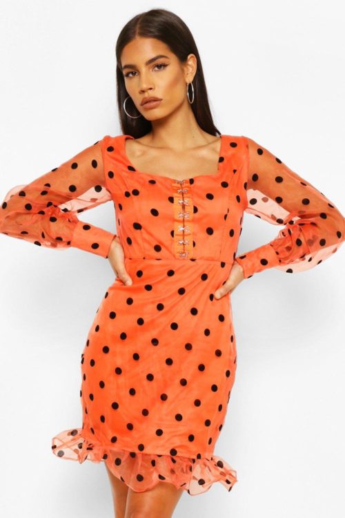 Womens Organza Flocked Hook And Eye Mini Dress - Orange - S, Orange