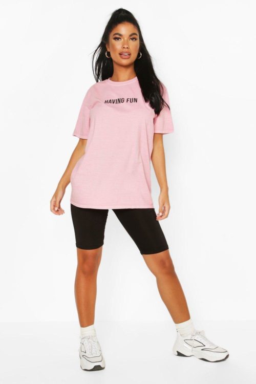 Womens Petite 'Having Fun' Washed Slogan T-Shirt - Pink - S, Pink