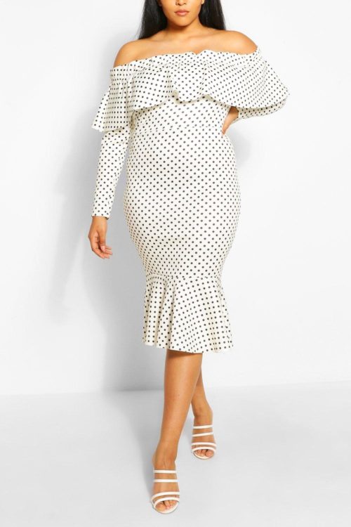 Womens Plus Off The Shoulder Polka Dot Midi Dress - White - 28, White