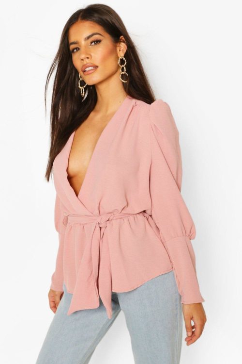 Womens Puff Sleeve Wrap Blouse - Pink - 10, Pink
