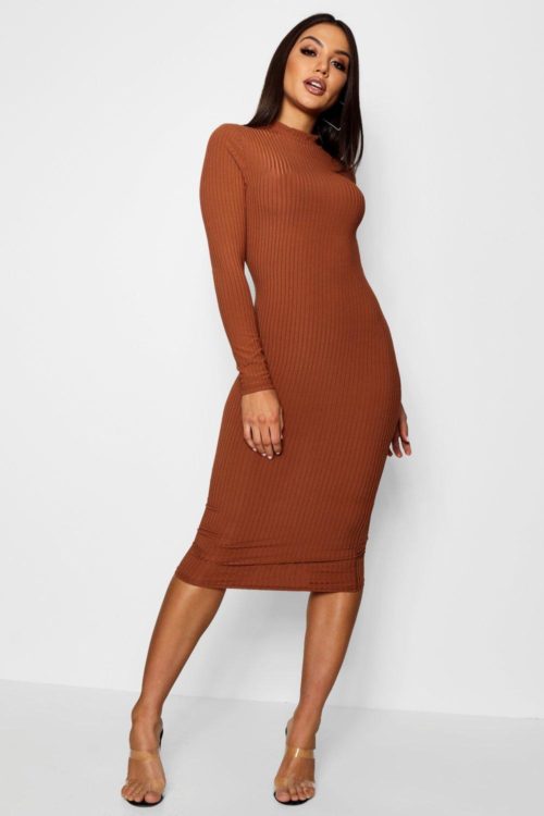 Womens Ribbed High Neck Long Sleeved Midi Dress - Brown - 14, Brown