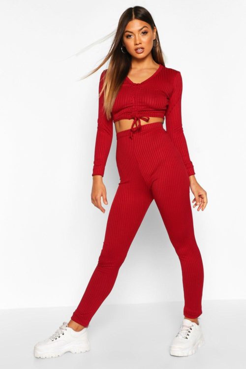 Womens Ribbed Tie Drawstring Top & Legging Co-Ord Set - Red - S/M, Red