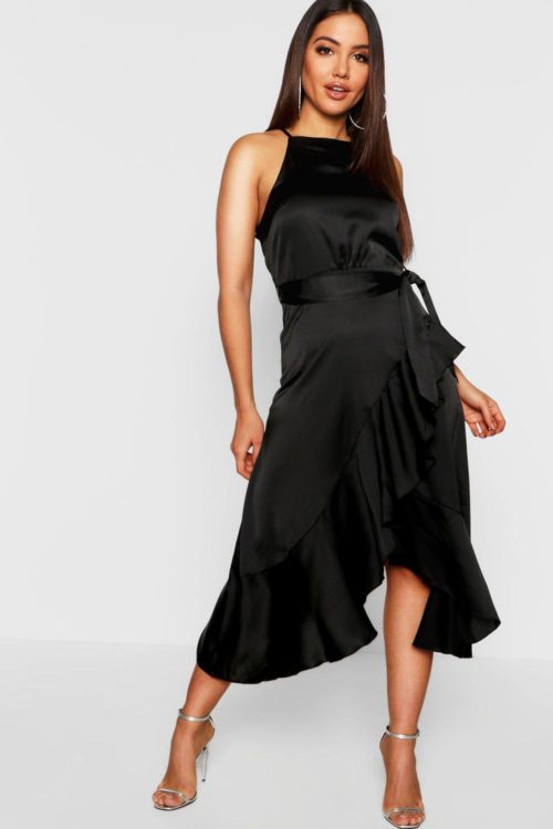 Womens Satin Frill Wrap Midi Dress - Black - 12, Black