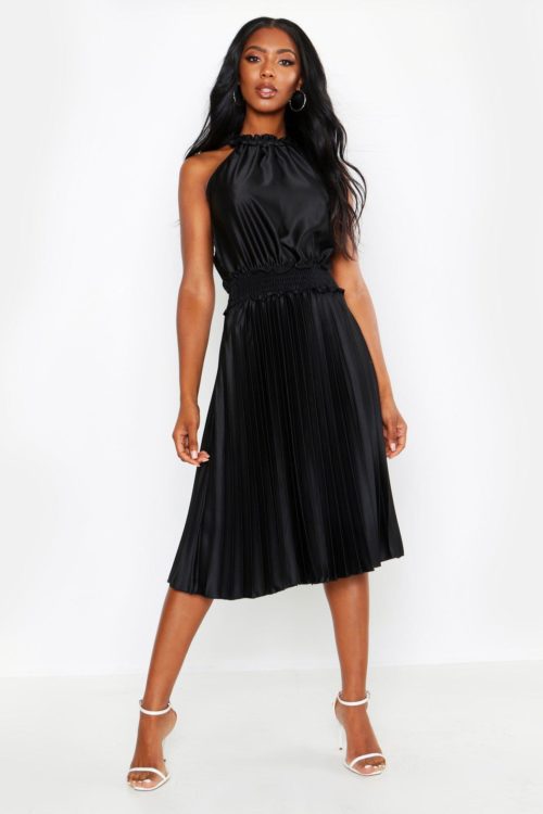 Womens Shirred Waist Pleated Midi Dress - Black - S, Black