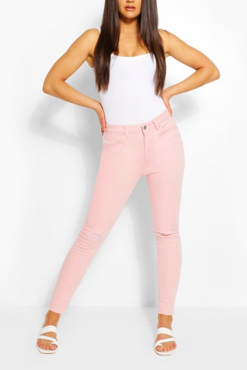 Womens Stretch Pink Distressed Skinny Jean - 4, Pink