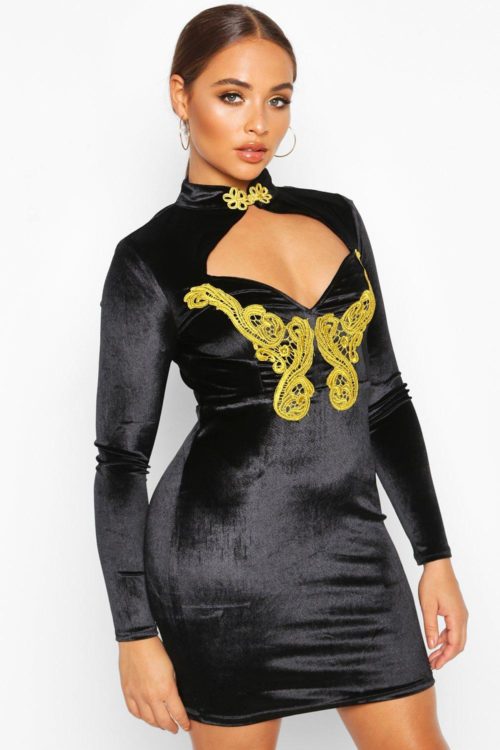 Womens Velvet Gold Trim Mandarin Collar Mini Dress - Black - 8, Black